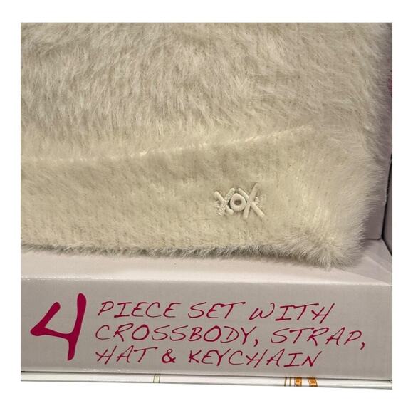 NEW Betsey Johnson 4-Piece White Accessory Set: Crossbody, Strap, Hat & Keychain - Picture 2 of 2